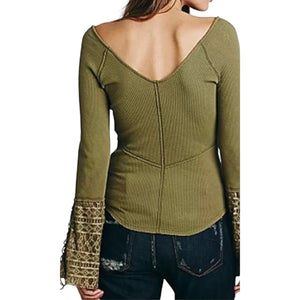 Free People Juliet Lace Cuff With Lace- Up Detail Olive Thermal Top