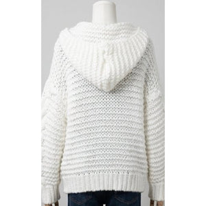 En Crème Boho Cream Chunky Cable Knit Hooded Cardigan Sweater L NEW