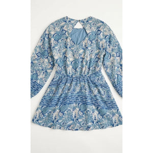 Free People Small Blue Paisley Wanderlust Long Sleeve Mini Dress NWT