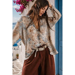 Mystree Pintuck Snakeskin Animal Print Button Down Blouse Long Sleeve Large NWT