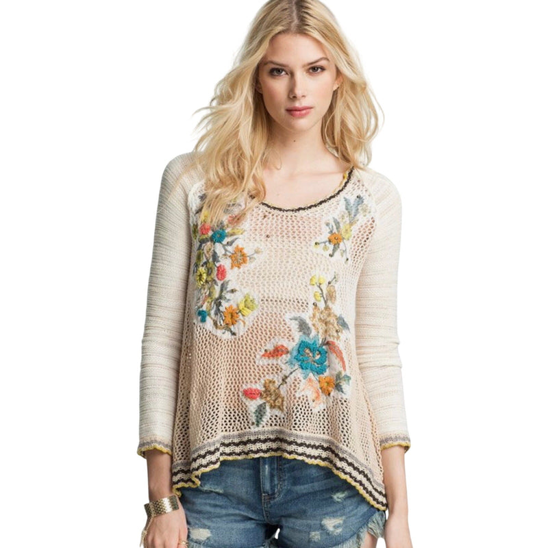 Free People Menagerie Embroidered Crochet Hooded Sweater Tunic Medium Excellent Conditon