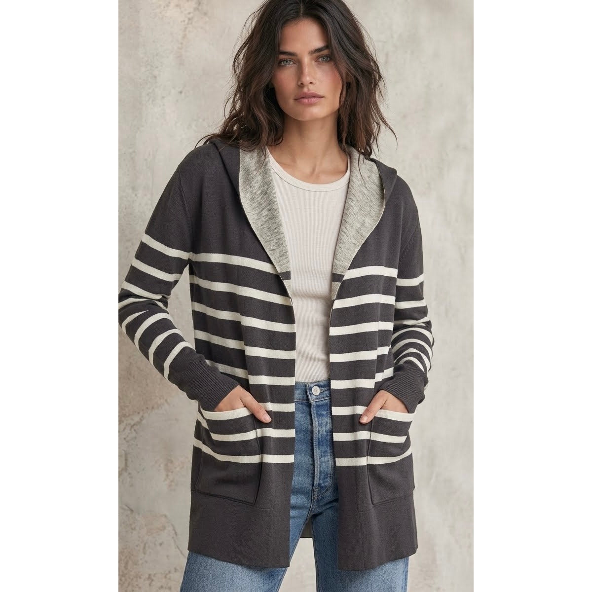 Splendid Medium Syd Reversible Lead / Oatmeal Stripe Open Front Cardigan NWT