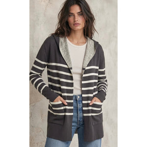Splendid Medium Syd Reversible Lead / Oatmeal Stripe Open Front Cardigan NWT