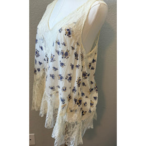 Free People Ivory Purple Floral Lace Inset Handkerchief Hem Swing Tank Top Small