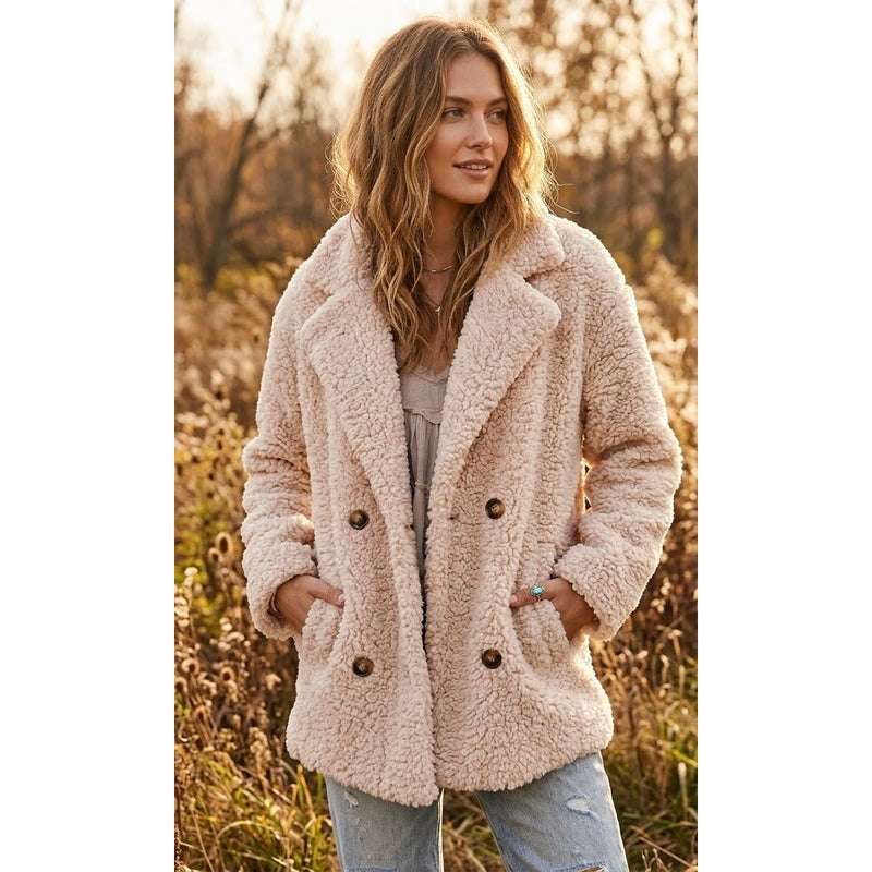 Cottagecore Cozy Cream Teddy Sherpa Double-Breasted Peacoat Jacket Size Medium