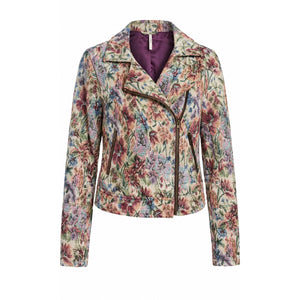Free People Size 8 Floral Tapestry Moto Jacket Asymmetrical Full Zip Crop Boho