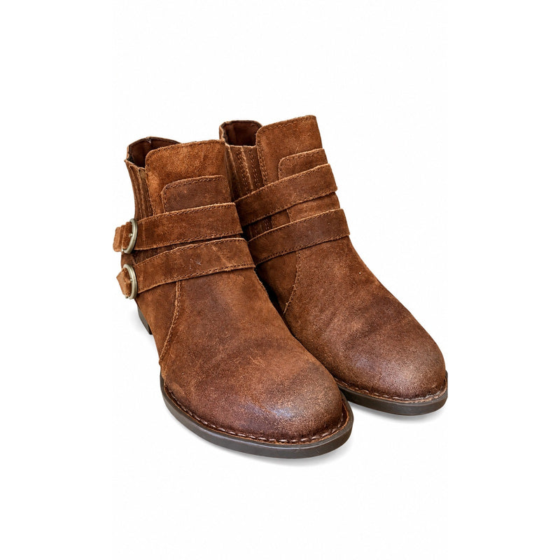 BORN Brown Suede Double Buckle Ankle Boots Size 7.5 Distressed Western Boho