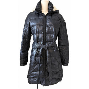 American Eagle Black Down Belted Puffer Coat Sherpa Hood Women’s Large