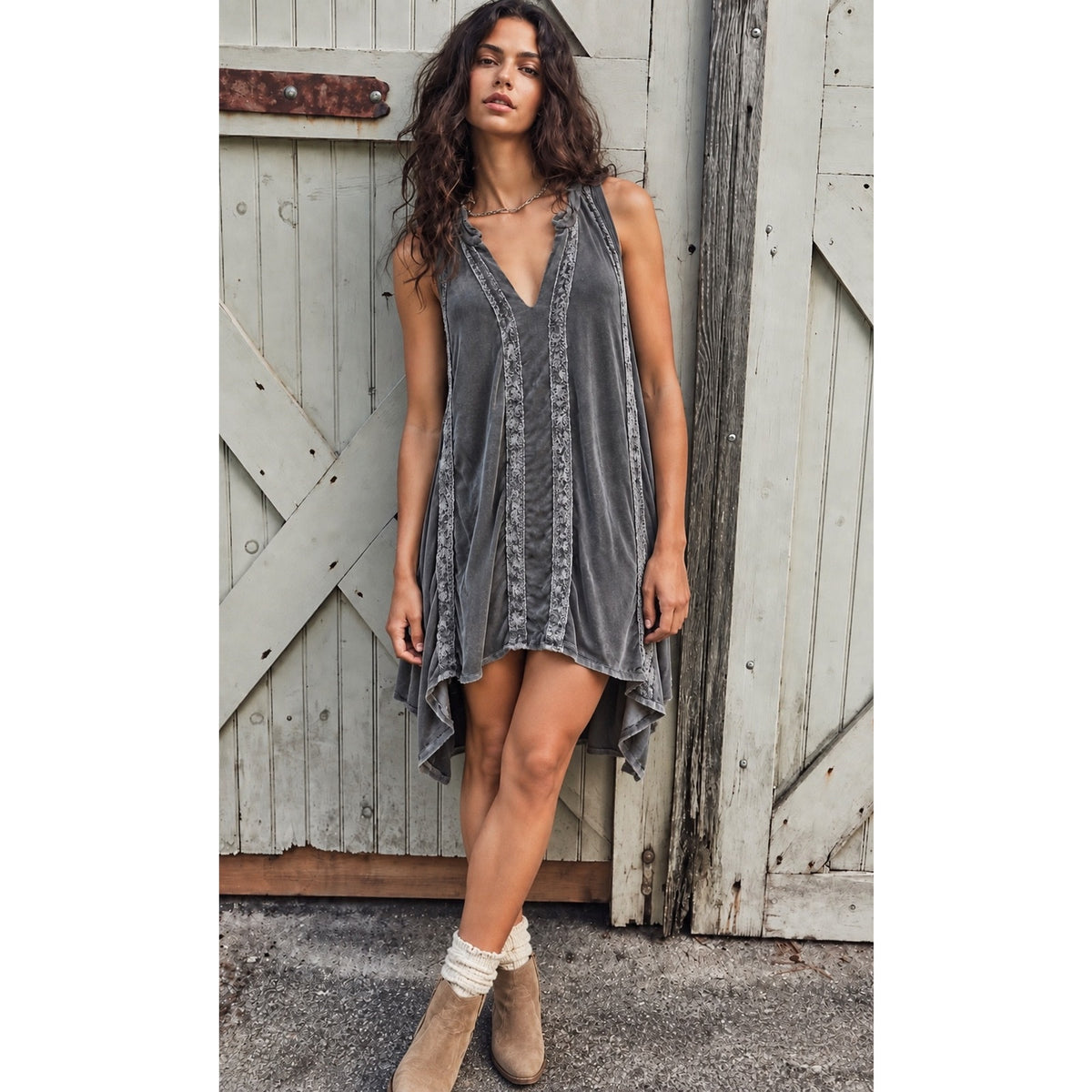 POL Charcoal Gray High-Low Asymmetrical Lace Trim Boho Tunic Dress Small