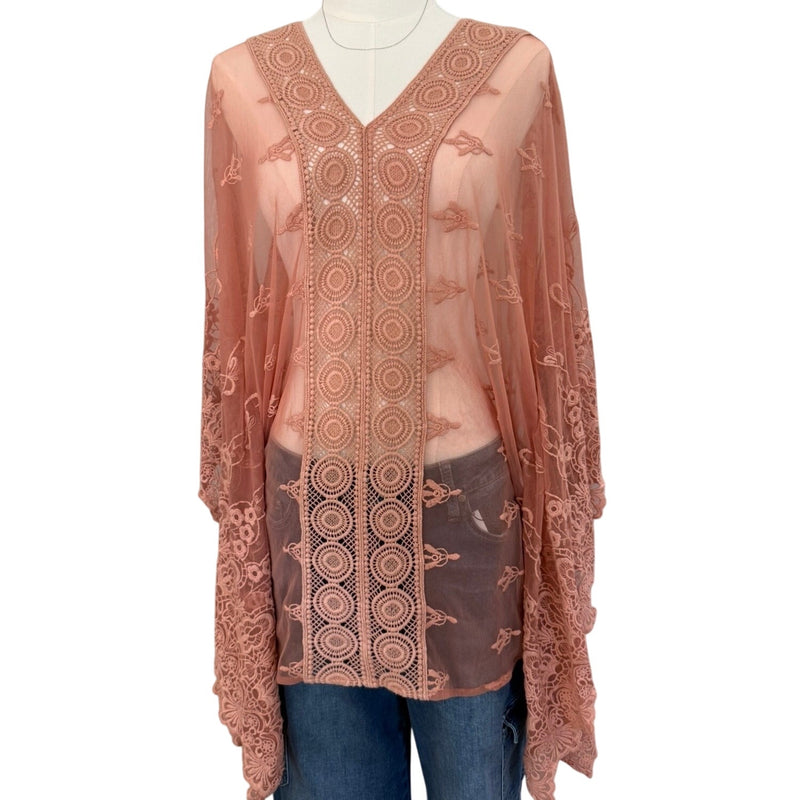 Vintage Free People Susie Sheer Lace Poncho Dusty Rose Top OS