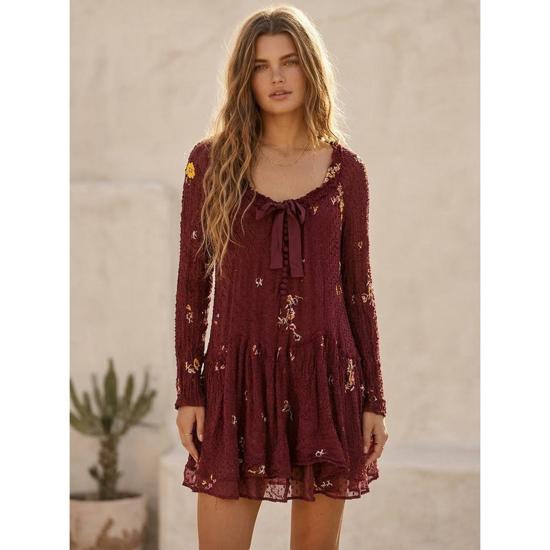 Free People Small Garden Glory Mini Dress in Cabernet Embroidered Boho Smocked Long Sleeve