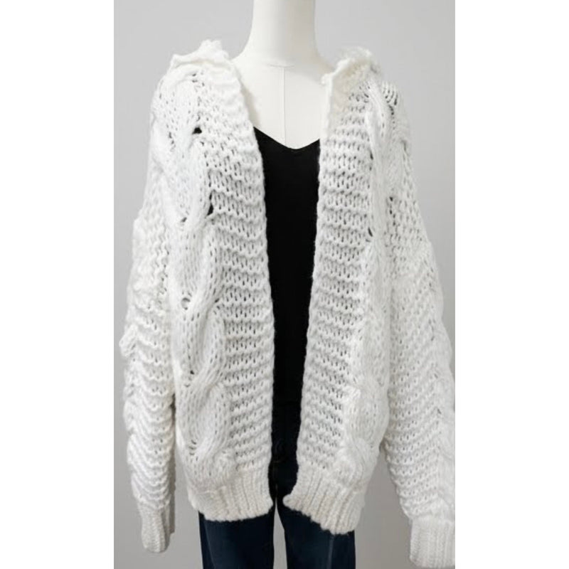 En Crème Boho Cream Chunky Cable Knit Hooded Cardigan Sweater L NEW