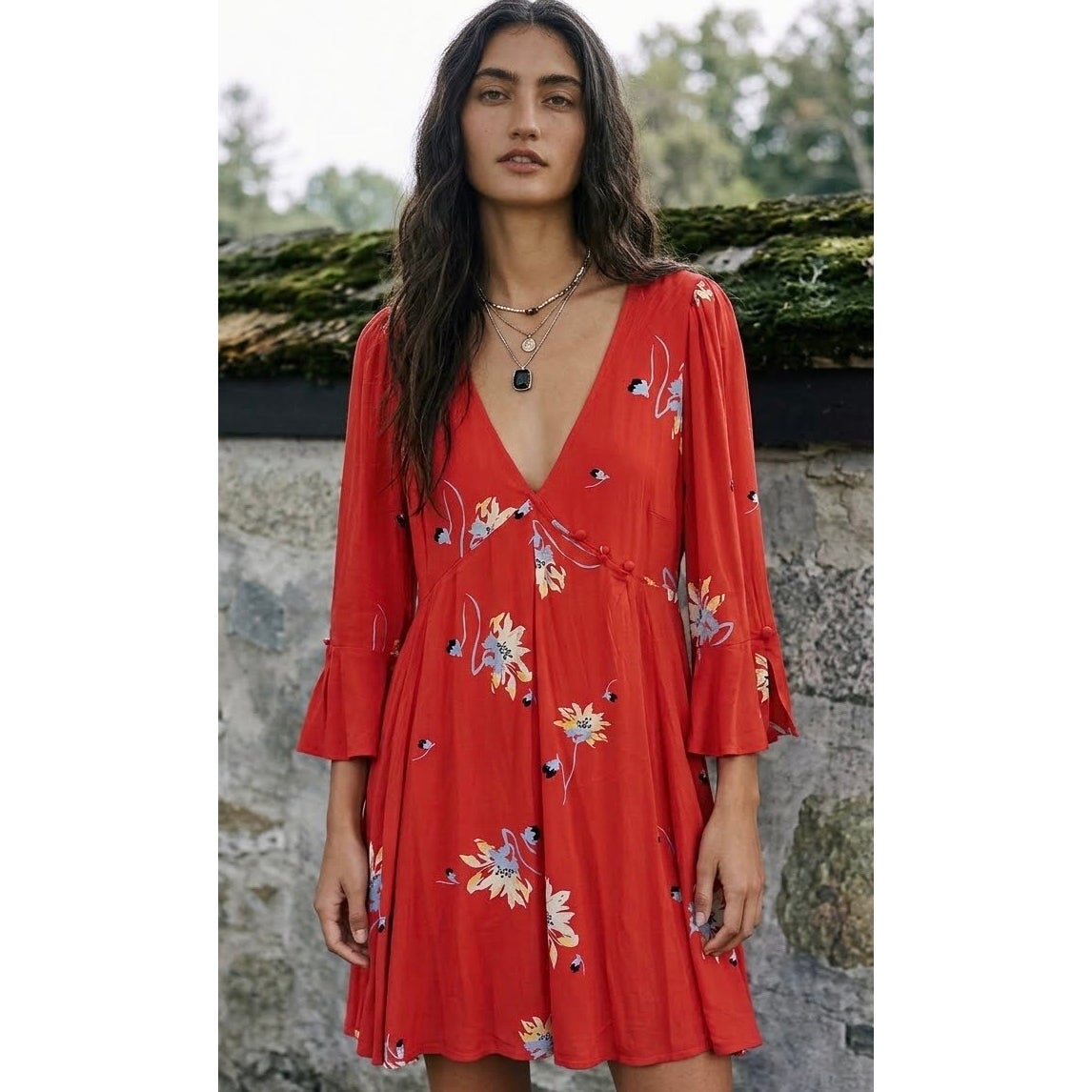 Free People Small Time On My Side Floral Wrap Dress Red Combo NWT