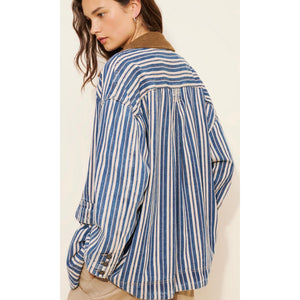 We The Free Free People Large Wagner Stripe Denim Barn Coat Jacket (Fits XL)