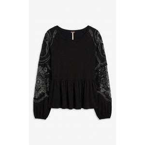 Free People Medium Embroidered Metallic Penny Tee Peplum Blouse