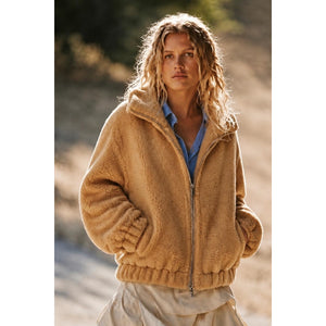 Free People Small Get Cozy Teddy Sherpa Zip Jacket Tan
