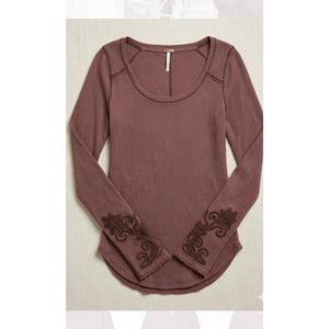 Free People Masquerade Burgundy Embroidered Sleeve Shirt LRG