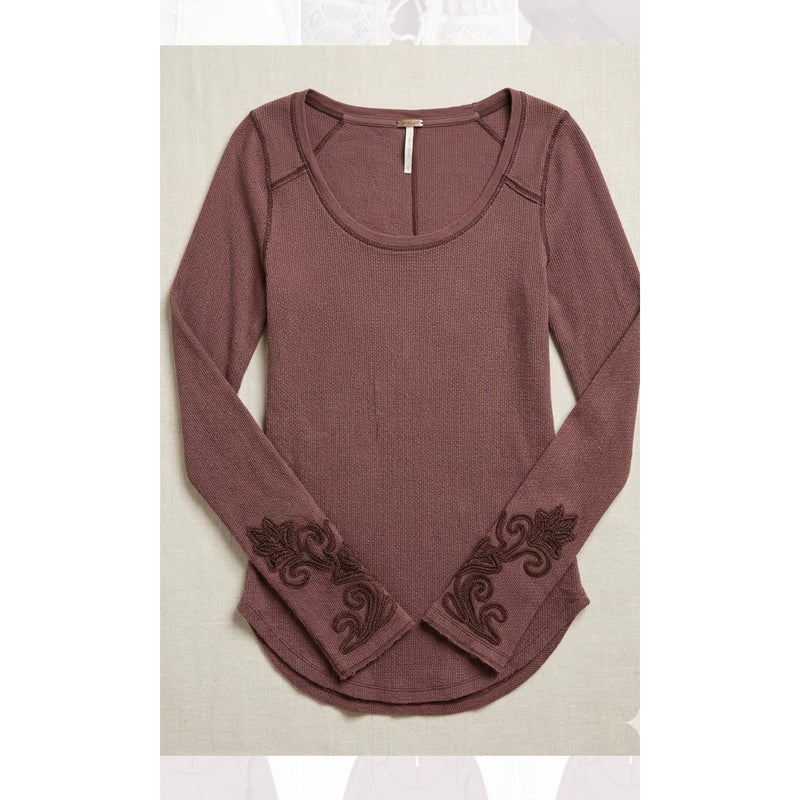 Free People Masquerade Burgundy Embroidered Sleeve Shirt LRG