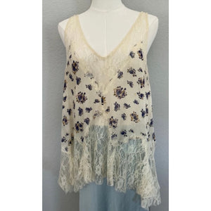 Free People Ivory Purple Floral Lace Inset Handkerchief Hem Swing Tank Top Small