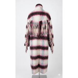 Free People M/L Pressley Fringe Plaid Blanket Duster Coat Pink