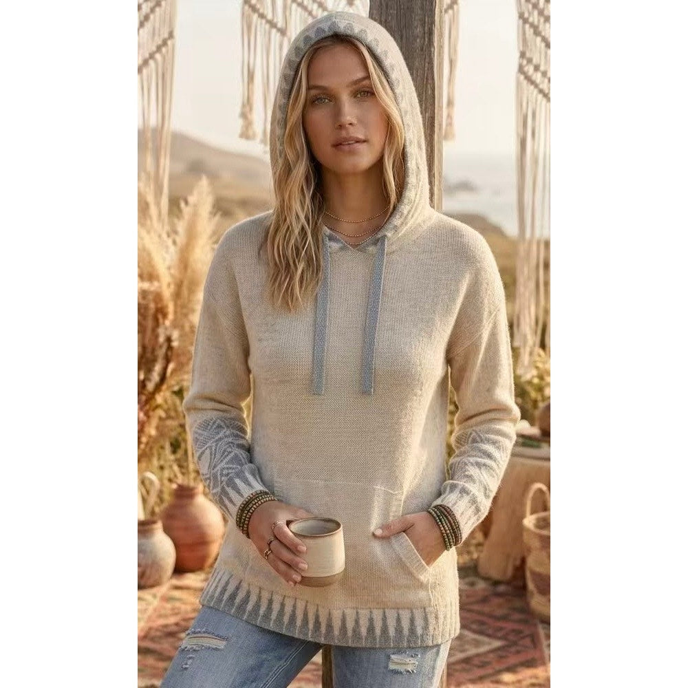 Hem and Thread Heather Oatmeal Boho Aztec Pattern Knit Hoodie Sweater Large NWT