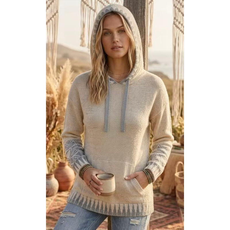 Hem and Thread Heather Oatmeal Boho Aztec Pattern Knit Hoodie Sweater Large NWT