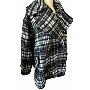 Free People Small Highlands Wool Plaid Peacoat Black Gray Oversized Jacket