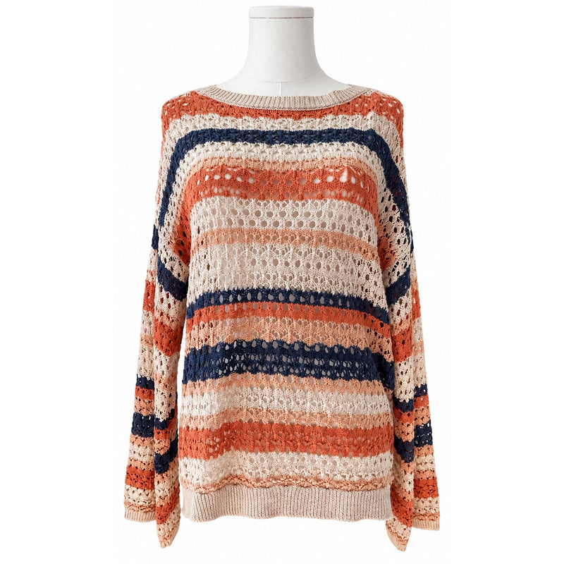 Hem & Thread Boho Open Crochet Striped Oversized Sweater Medium Cotton Blend NWT