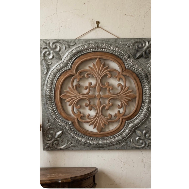 Rustic Galvanized Metal Medallion Square Fleur De Lis Scrollwork Carving Wall Decor