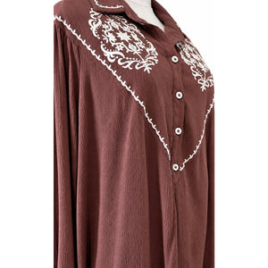 In Loom Brown Embroidered Western Boho Peasant Blouse Long Sleeve Large NWOT