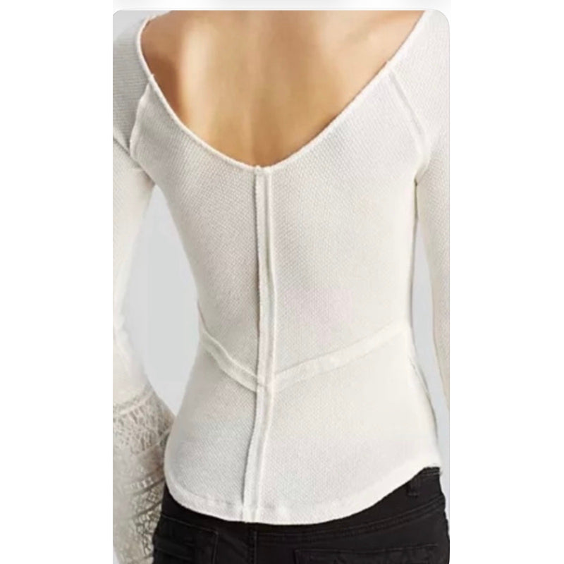 Free People Juliet Ivory Lace Cuff With Lace- Up Detail Thermal Top Medium