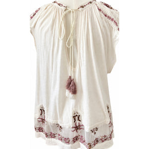 Free People Large Sequin Drawstring Embroidered Mesh Boho Blouse Top - Ivory / Pink Multi
