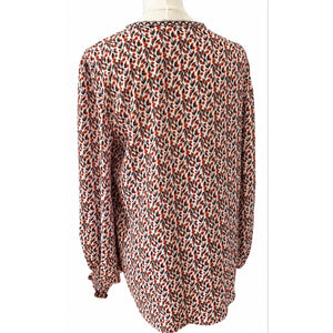 Max Studio Medium Floral Surplice High-Low Wrap Blouse Smocked Long Sleeve Orange Black