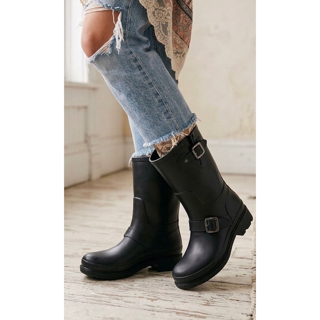 Hunter Women's Original Short Rubber Biker Black Matte Rain Boots 8 NWOT