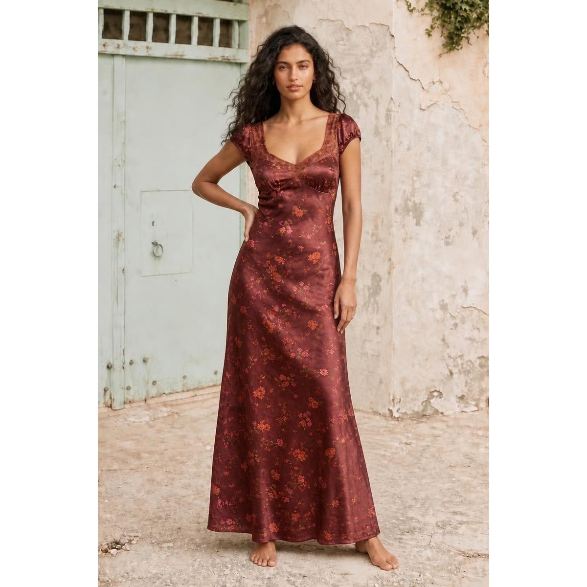 Free People Small Butterfly Babe Brown Satin Lace Feminine Cutout Maxi Dress