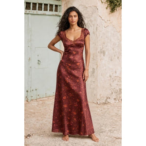 Free People Small Butterfly Babe Brown Satin Lace Feminine Cutout Maxi Dress