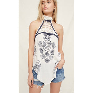 Free People Mandolin Aqua/White Crochet Halter Top Large