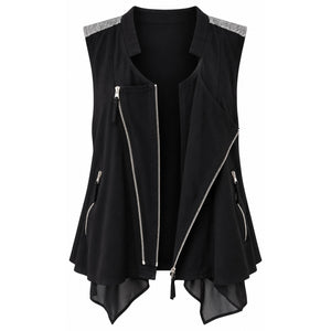 Hem & Thread Black Gray Plaid Asymmetrical Zip Moto Vest Boho
 Large