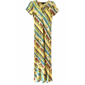 Rare Vintage Betsey Johnson 100% Silk Bias Cut Maxi Dress Geometric Print Size Petite Like New