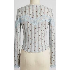 Free People Small Let's Party Cardi Floral Lace Trim Cotton Waffle Knit Top