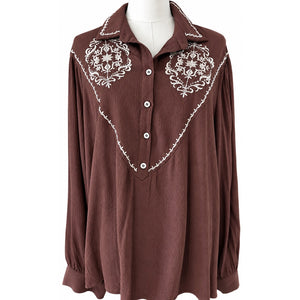 In Loom Brown Embroidered Western Boho Peasant Blouse Long Sleeve Large NWOT