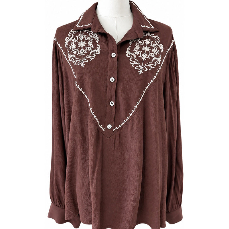 In Loom Brown Embroidered Western Boho Peasant Blouse Long Sleeve Large NWOT