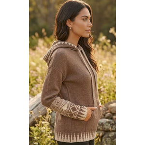 Hem and Thread Heather Brown Boho Aztec Pattern Knit Hoodie Sweater Large NWT