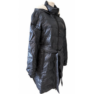 American Eagle Black Down Belted Puffer Coat Sherpa Hood Women’s Large