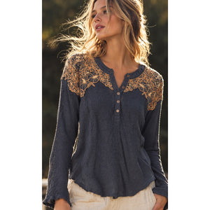 Free People Medium Easy Breezy Embroidered Floral Lace Henley Top Heather Charcoal